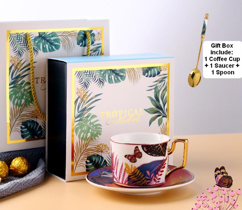 Butterfly Pattern Porcelain Coffee Cups, Coffee Cups with Gold Trim and Gift Box, Tea Cups and Saucers-ArtWorkCrafts.com