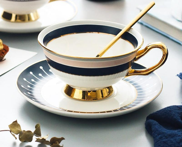 British Tea Cups, Porcelain Coffee Cups, Latte Coffee Cups, Tea Cup and Saucer, Coffee Cups with Gold Trim and Gift Box-ArtWorkCrafts.com