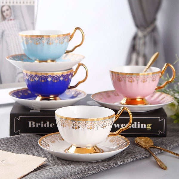 Pink Blue White Porcelain Tea Cup Saucer Set, Unique British Tea Cup and Saucer in Gift Box, Elegant British Ceramic Coffee Cups for Traditional Afternoon Tea-ArtWorkCrafts.com