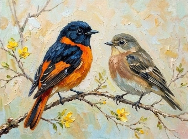 Love Bird Couple Painting, Bullfich Bird Painting, Hand Painted Canvas Art, Original Oil Paintings, Small Canvas Wall Art Paintings, Buy Original Oil Paintings Online