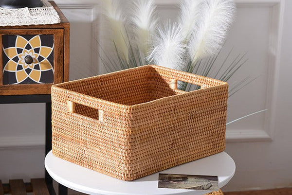Woven Rattan Storage Baskets for Kitchen, Rectangular Storage Basket, Wicker Storage Basket for Clothes, Storage Baskets for Bathroom, Kitchen Storage Basket-ArtWorkCrafts.com