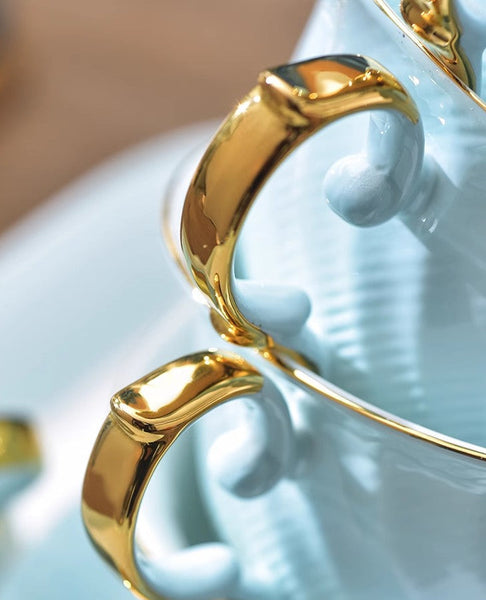Elegant British Tea Cup and Saucer in Gift Box, Blue Porcelain Tea Cup Saucer Set, Unique British Ceramic Coffee Cups for Traditional Afternoon Tea