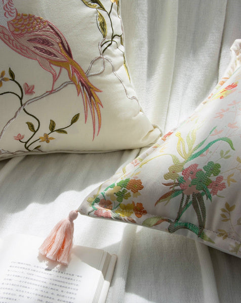 Living Room Decorative Pillows, Modern Decorative Cushions, Decorative Pillows for Bed, Decorative Pillow Arrangement Ideas for Interior Design, Embroidered Floral Bird Pattern Pillow Covers-ArtWorkCrafts.com
