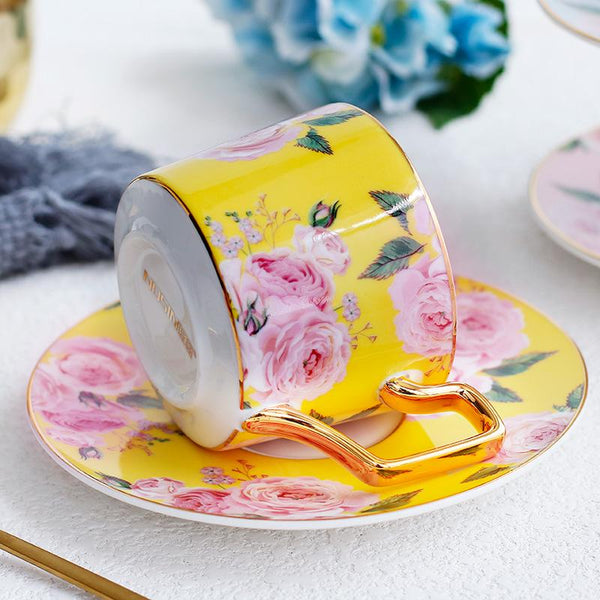 Pink Coffee Cups with Gold Trim and Gift Box, Porcelain Coffee Cups, British Tea Cups, Rose Flower Tea Cup and Saucer, Latte Coffee Cups-ArtWorkCrafts.com