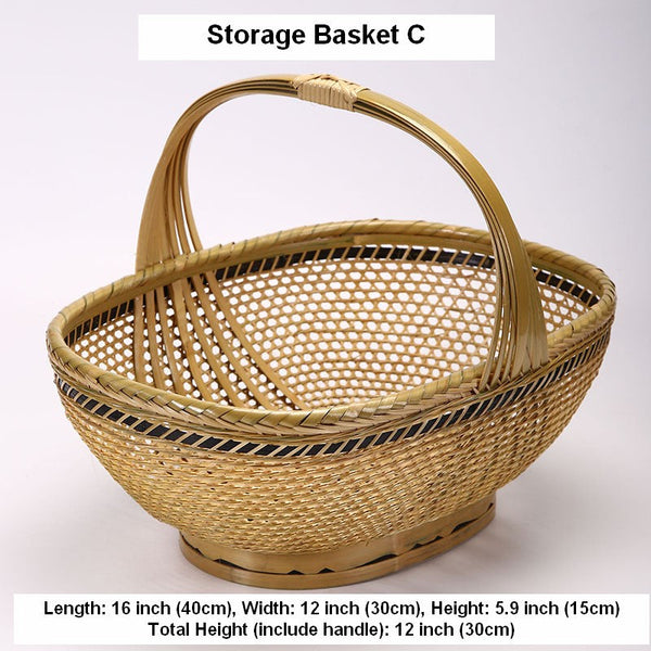 Natural Hand-woven Bamboo Basket, Extra Large Picnic Food Basket with Handle, Lovely Bamboo Baskets for Vegetable, Natural Fruit Basket Kitchen Storage Baskets-ArtWorkCrafts.com
