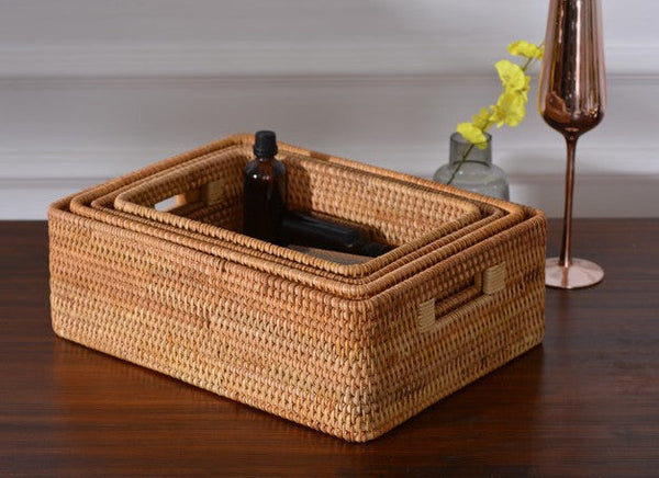 Woven Rectangular Basket with Handle, Rattan Storage Basket for Shelves, Woven Storage Baskets for Bathroom-ArtWorkCrafts.com