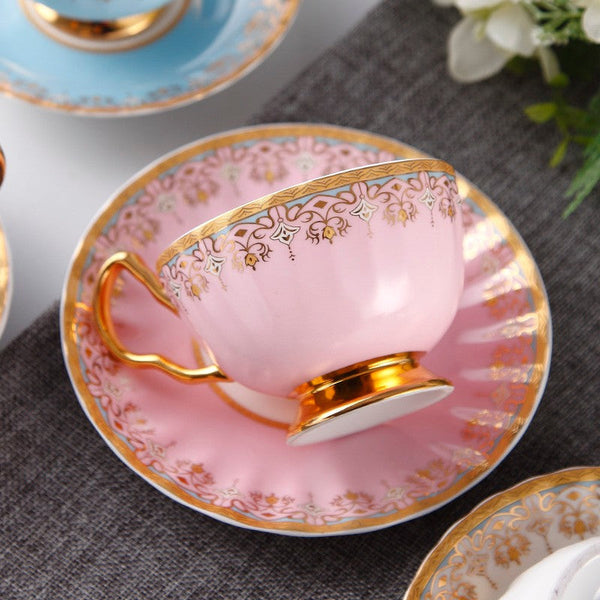 Pink Blue White Porcelain Tea Cup Saucer Set, Unique British Tea Cup and Saucer in Gift Box, Elegant British Ceramic Coffee Cups for Traditional Afternoon Tea-ArtWorkCrafts.com