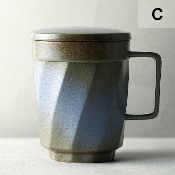 Unique Tea Cup, Large Capacity Coffee Mug with Cover, Large Modern Handmade Pottery Coffee Cup, Creative Brown Green Blue Black Ceramic Coffee Mugs-ArtWorkCrafts.com