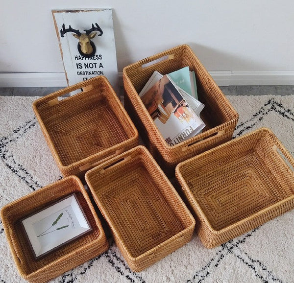 Woven Storage Baskets, Rectangular Storage Baskets, Rattan Storage Basket for Shelves, Kitchen Storage Baskets, Storage Baskets for Bathroom-ArtWorkCrafts.com