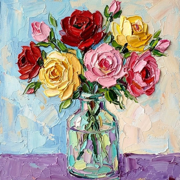 Small Canvas Artwork for Sale, Rose Flowers in Full Bloom, Impasto Heavy Texutre Art, Still Life Painting, Hand Painted Canvas Art, Original Flower Paintings