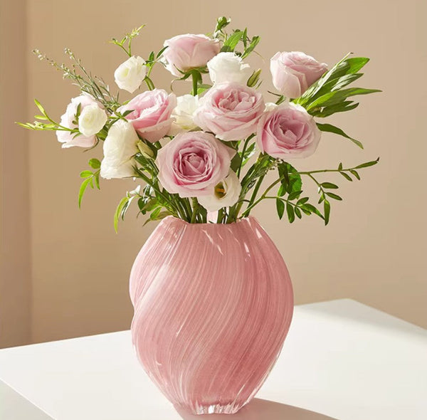 Handmade Contemporary Glass Vases, Mid Century Pink Vases for Flowers, Modern Vases for Living Room, Unique Decorative Glass Vase, Centerpiece Vases on Table-ArtWorkCrafts.com