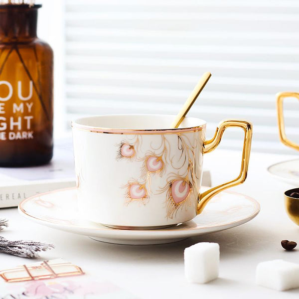 British Tea Cups, Coffee Cups with Gold Trim and Gift Box, Peacock Tail Pattern Porcelain Coffee Cups, Tea Cups and Saucers-ArtWorkCrafts.com