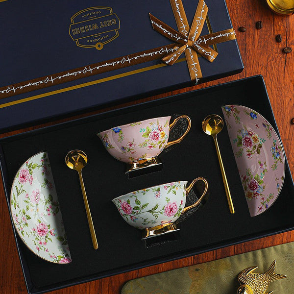 Porcelain Tea Cup Saucer Set of 2 Cups, Flower Tea Cup and Saucer Set in Gift Box, Floral Ceramic Coffee Cup with Saucer, Beautiful British Tea Cup and Saucer-ArtWorkCrafts.com