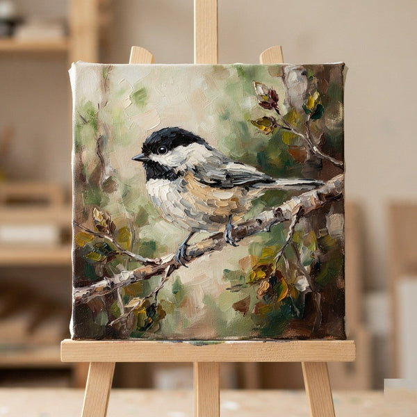 Hand Painted Canvas Art, Chickadee Bird Painting, Heavy Texture Painting, Small Art on Canvas, Miniature Wall Art, Original Painting on Canvas