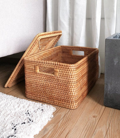 Extra Large Storage Baskets for Shelves, Wicker Rectangular Storage Baskets for Living Room, Rattan Storage Basket with Lid, Storage Baskets for Clothes-ArtWorkCrafts.com
