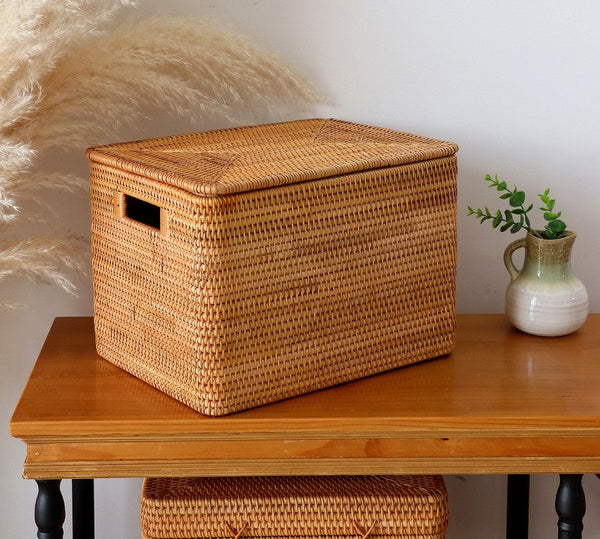 Rectangular Storage Basket with Lid, Kitchen Storage Baskets, Rattan Storage Baskets for Clothes, Storage Baskets for Living Room-ArtWorkCrafts.com
