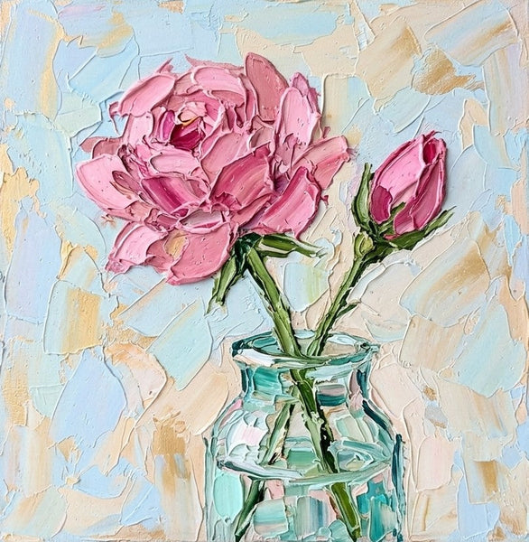Hand Painted Canvas Art, Blooming Rose Flower in Glass Vase, Still Life Painting, Impasto Heavy Texutre Art, Small Canvas Artwork, Original Flower Paintings
