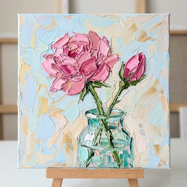 Hand Painted Canvas Art, Blooming Rose Flower in Glass Vase, Still Life Painting, Impasto Heavy Texutre Art, Small Canvas Artwork, Original Flower Paintings