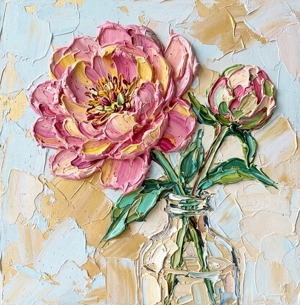Impasto Heavy Texutre Art, Hand Painted Canvas Art, Blooming Pink Peony in Glass Vase, Still Life Painting, Small Canvas Artwork, Original Flower Paintings