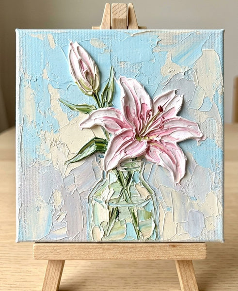 Hand Painted Canvas Art, Lily Flower in Glass Vase, Still Life Painting, Original Acrylic Flower Paintings, Impasto Artwork, Small Canvas Artwork