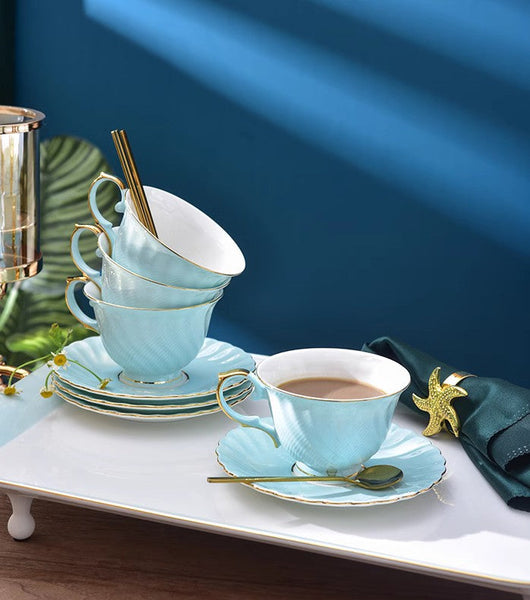 Elegant British Tea Cup and Saucer in Gift Box, Blue Bone China Porcelain Tea Cup Set, Unique British Ceramic Coffee Cups for Afternoon Tea-ArtWorkCrafts.com