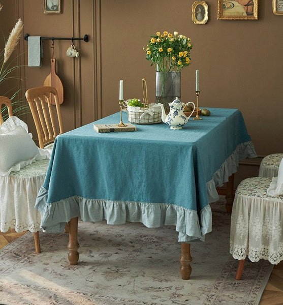 Extra Large Rectangle Tablecloth for Dining Room Table, Blue Modern Long Table Cover, Ramie Tablecloth for Home Decoration, Square Tablecloth for Round Table-ArtWorkCrafts.com