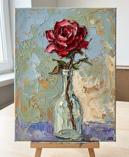 Impasto Red Rose in Glass Vase, Original Oil Paintings, Hand Painted Canvas Art, Original Flower Paintings, Small Canvas Artwork, Impasto Canvas Artwork
