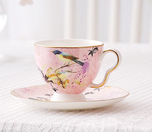 Elegant Pink Ceramic Coffee Cups, Unique Bird Flower Tea Cup and Saucer in Gift Box as Birthday Gift, Beautiful British Tea Cups, Royal Porcelain Tea Cup Set-ArtWorkCrafts.com