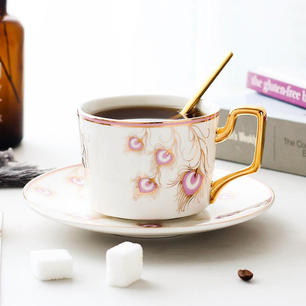 Peacock Tail Pattern Porcelain Coffee Cups, British Tea Cups, Coffee Cups with Gold Trim and Gift Box, Tea Cups and Saucers-ArtWorkCrafts.com