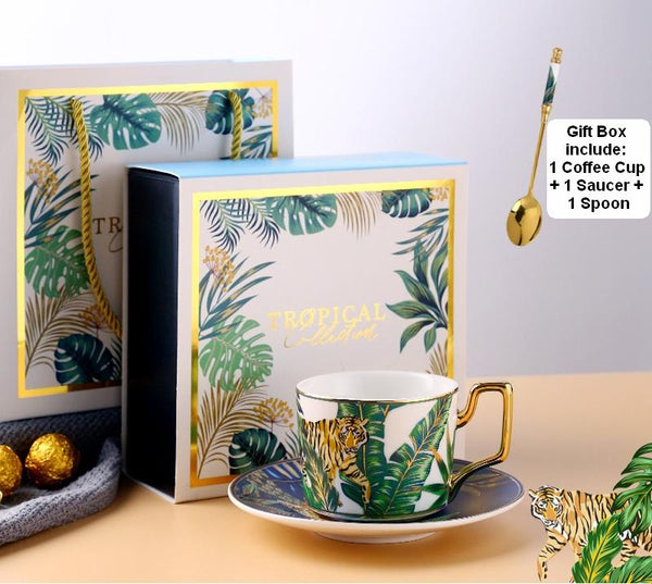 Elegant Tea Cups and Saucers, Jungle Toucan Pattern Porcelain Coffee Cups, Coffee Cups with Gold Trim and Gift Box-ArtWorkCrafts.com