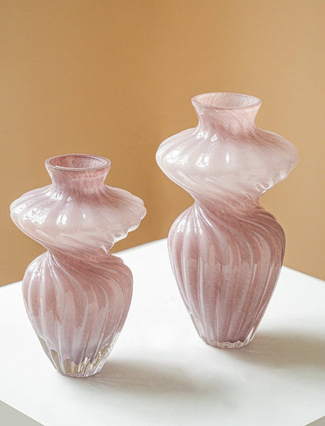 Mid Century Pink Vases for Flowers, Modern Vases for Living Room, Handmade Contemporary Glass Vases, Unique Decorative Glass Vase, Centerpiece Vases on Table-ArtWorkCrafts.com