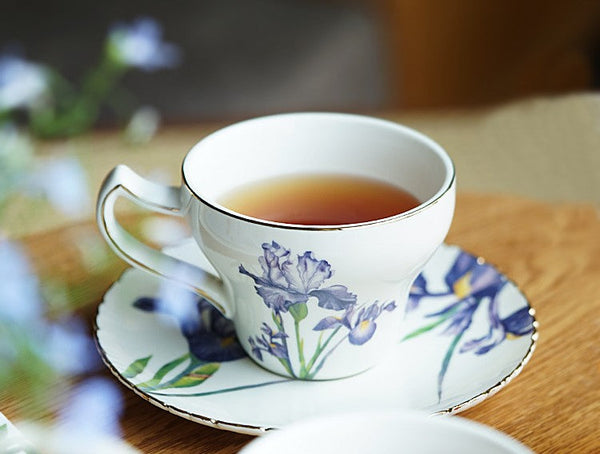 Beautiful Bone China Porcelain Tea Cup Set, Iris Flower British Tea Cups, Traditional English Tea Cups and Saucers, Unique Ceramic Coffee Cups in Gift Box-ArtWorkCrafts.com