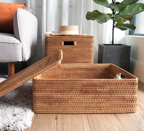 Wicker Storage Baskets for Bathroom, Rattan Rectangular Storage Basket with Lid, Extra Large Storage Baskets for Clothes, Storage Baskets for Bedroom-ArtWorkCrafts.com