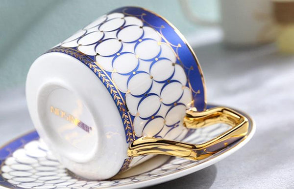 Latte Coffee Cups with Gold Trim and Gift Box, British Tea Cups, Elegant Porcelain Coffee Cups, Tea Cups and Saucers-ArtWorkCrafts.com