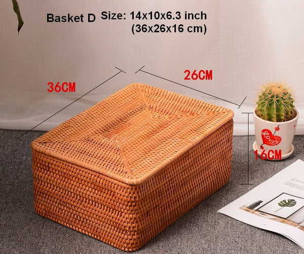Woven Rattan Baskets, Rectangular Basket with Lid, Rectangular Storage Baskets, Storage Basket for Bedroom, Kitchen Storage Baskets-ArtWorkCrafts.com