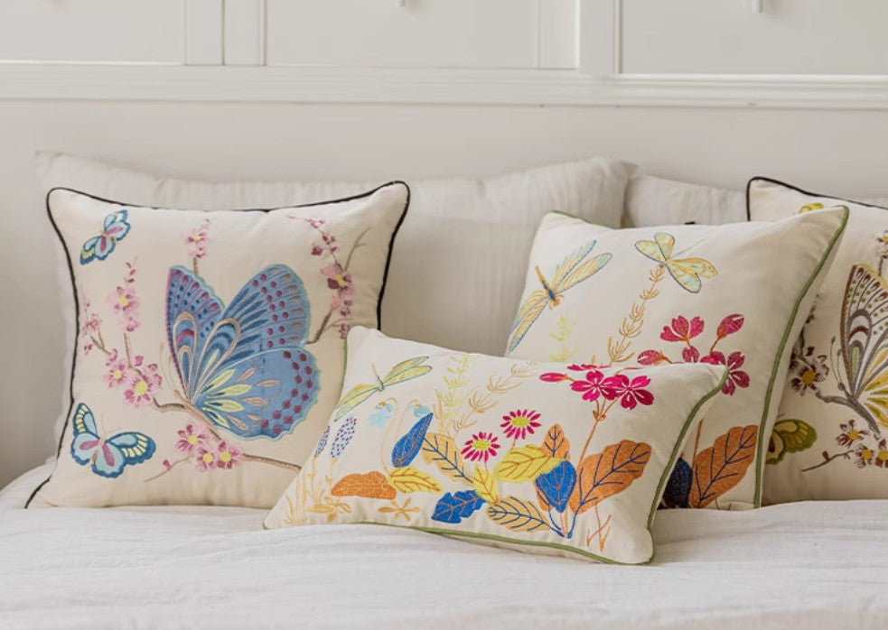 Butterfly Dragonfly Cotton Linen Pillow Cover, Nature Inspired Decorative Throw Pillow, Modern Botanical Sofa Accent, Whimsical Home Decor, Artistic Cushion