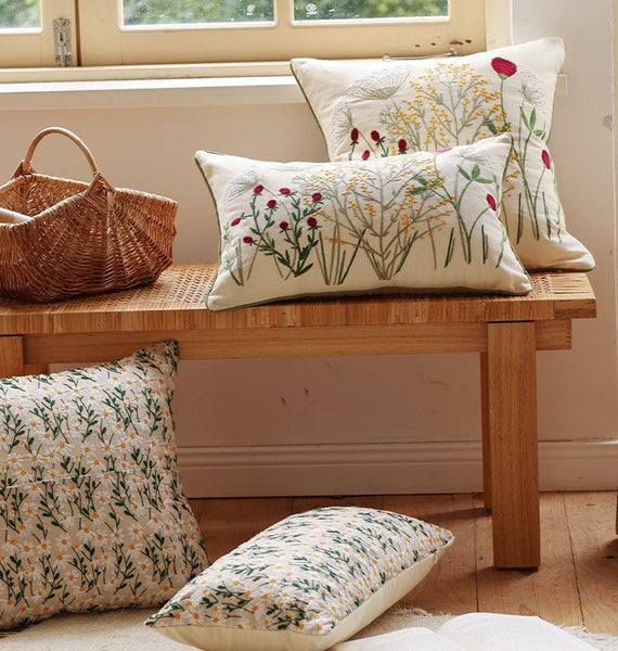 Decorative Pillows for Couch, Farmhouse Decorative Pillows for Sofa, Embroider Flower Cotton Pillow Covers, Spring Flower Decorative Pillows for Bedroom-ArtWorkCrafts.com
