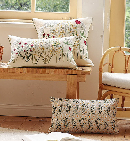 Decorative Pillows for Couch, Farmhouse Decorative Pillows for Sofa, Embroider Flower Cotton Pillow Covers, Spring Flower Decorative Pillows for Bedroom-ArtWorkCrafts.com