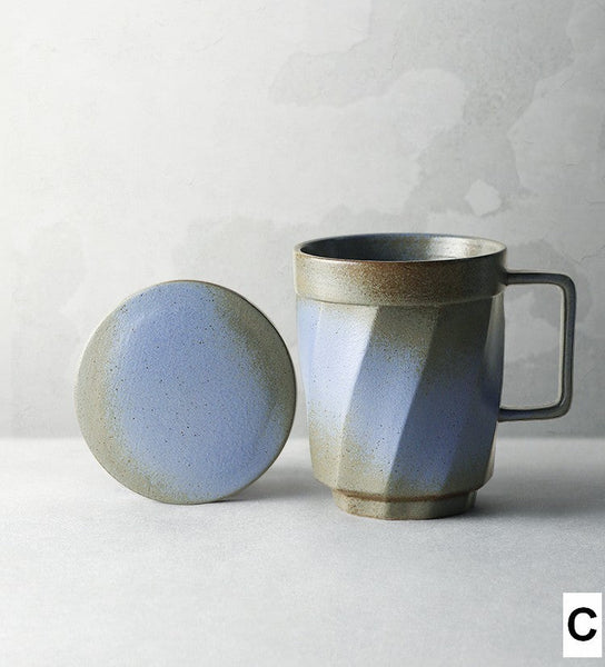 Unique Tea Cup, Large Capacity Coffee Mug with Cover, Large Modern Handmade Pottery Coffee Cup, Creative Brown Green Blue Black Ceramic Coffee Mugs-ArtWorkCrafts.com