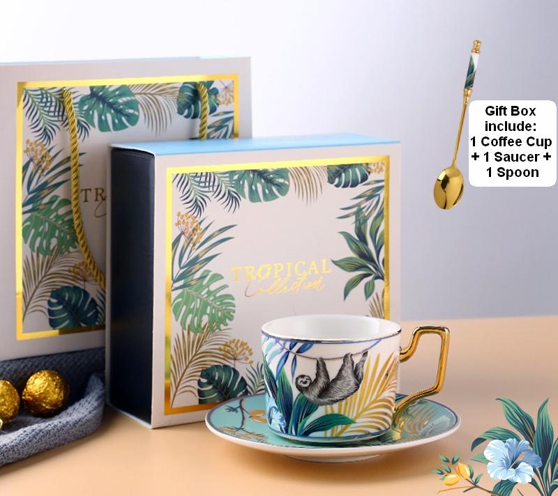 Elegant Porcelain Coffee Cups, Coffee Cups with Gold Trim and Gift Box, Tea Cups and Saucers, Jungle Animal Porcelain Coffee Cups-ArtWorkCrafts.com