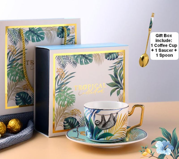 Elegant Porcelain Coffee Cups, Coffee Cups with Gold Trim and Gift Box, 7.4 oz Tea Cup and Saucer, Jungle Animal Porcelain Coffee Cups-ArtWorkCrafts.com