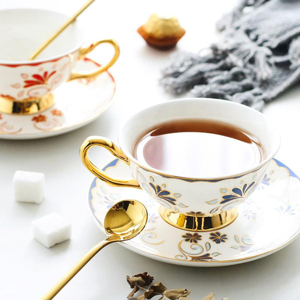 British Tea Cups, Porcelain Coffee Cups, Tea Cups and Saucers, Coffee Cups with Gold Trim and Gift Box, Latte Coffee Cups-ArtWorkCrafts.com