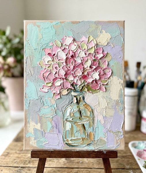 Original Acrylic Painting on Canvas, Pink Hydrangea Flowers in Glass Vase, Original Flower Paintings, Small Canvas Artwork for Sale, Impasto Canvas Art, Hand Painted Canvas Artwork