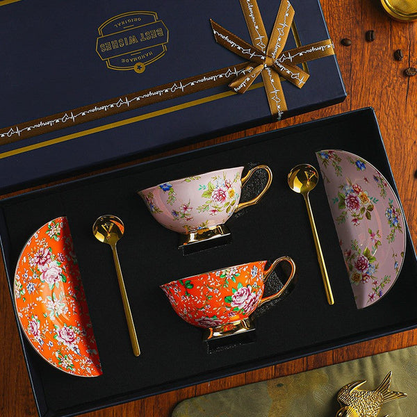 Porcelain Tea Cup Saucer Set of 2 Cups, Floral Ceramic Coffee Cup with Saucer, Beautiful British Tea Cup and Saucer, Flower Tea Cup and Saucer Set in Gift Box-ArtWorkCrafts.com