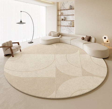Geometric Circular Rugs for Dining Room, Cream Color Contemporary Modern Rugs, Modern Rugs under Coffee Table, Abstract Modern Round Rugs for Bedroom