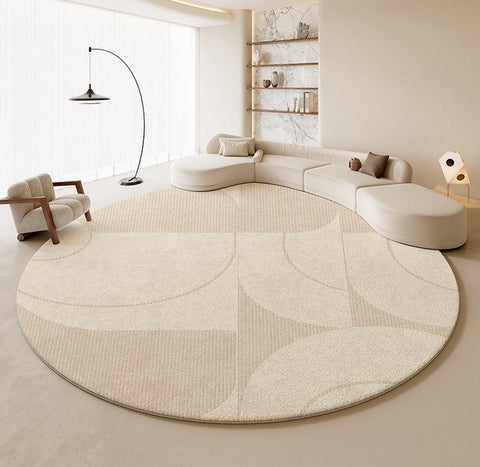 Geometric Circular Rugs for Dining Room, Cream Color Contemporary Modern Rugs, Modern Rugs under Coffee Table, Abstract Modern Round Rugs for Bedroom-ArtWorkCrafts.com
