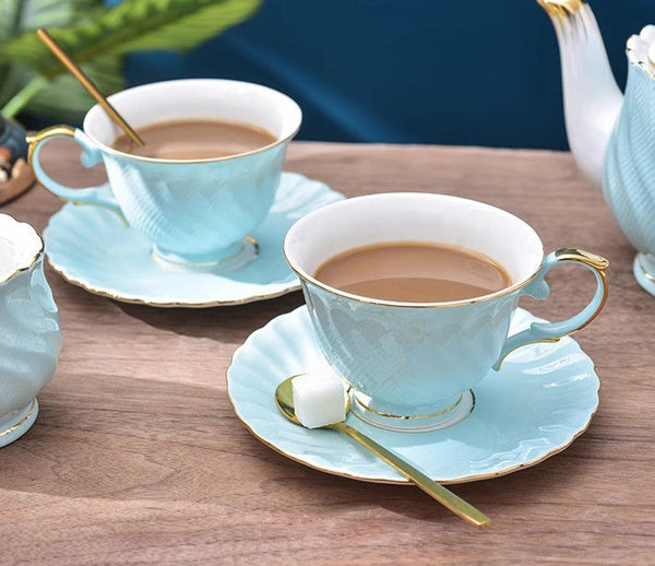 Elegant British Tea Cup and Saucer in Gift Box, Blue Bone China Porcelain Tea Cup Set, Unique British Ceramic Coffee Cups for Afternoon Tea-ArtWorkCrafts.com