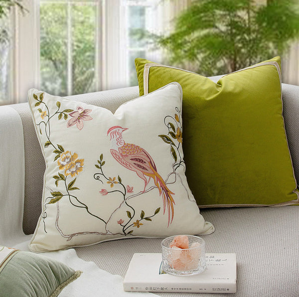 Decorative Pillows for Bed, Living Room Decorative Pillows, Modern Decorative Cushions, Decorative Pillow Arrangement Ideas for Interior Design, Embroidered Floral Bird Pattern Pillow Covers-ArtWorkCrafts.com