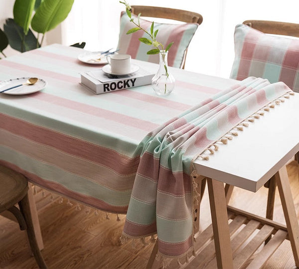 Pink Stripe Cotton and Linen Tablecloths, Rectangular Tablecloth for Oval Table, Rectangular Table Covers for Coffee Table, Modern Table Cloths for Dining Room-ArtWorkCrafts.com