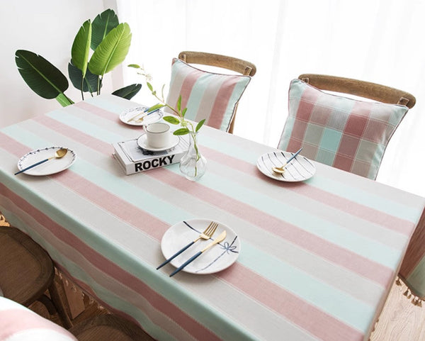 Rectangular Tablecloth for Oval Table, Rectangular Table Covers for Coffee Table, Pink Stripe Cotton and Linen Tablecloths, Modern Table Cloths for Dining Room-ArtWorkCrafts.com